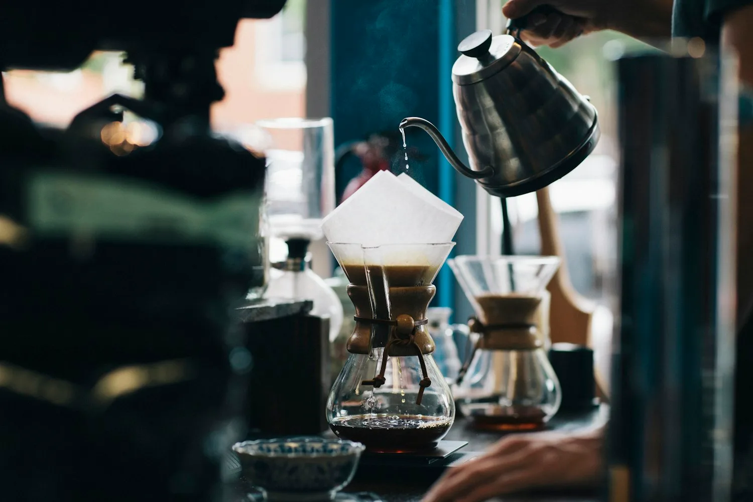 Freshly prepared coffee on a café counter